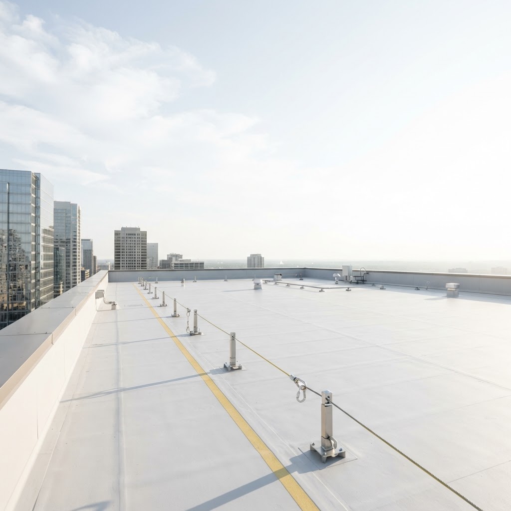 Bird's-eye aerial view of a high-rise commercial building rooftop with fall protection anchors